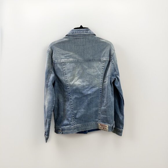 True Religion Blue Denim Distressed Chain Statement Jacket Sz S Biker - Picture 3 of 9
